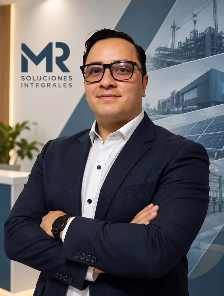 Iván Montaña, CEO de MR Soluciones Integrales y director técnico en seguridad y salud en el trabajo, frente al panel de la empresa