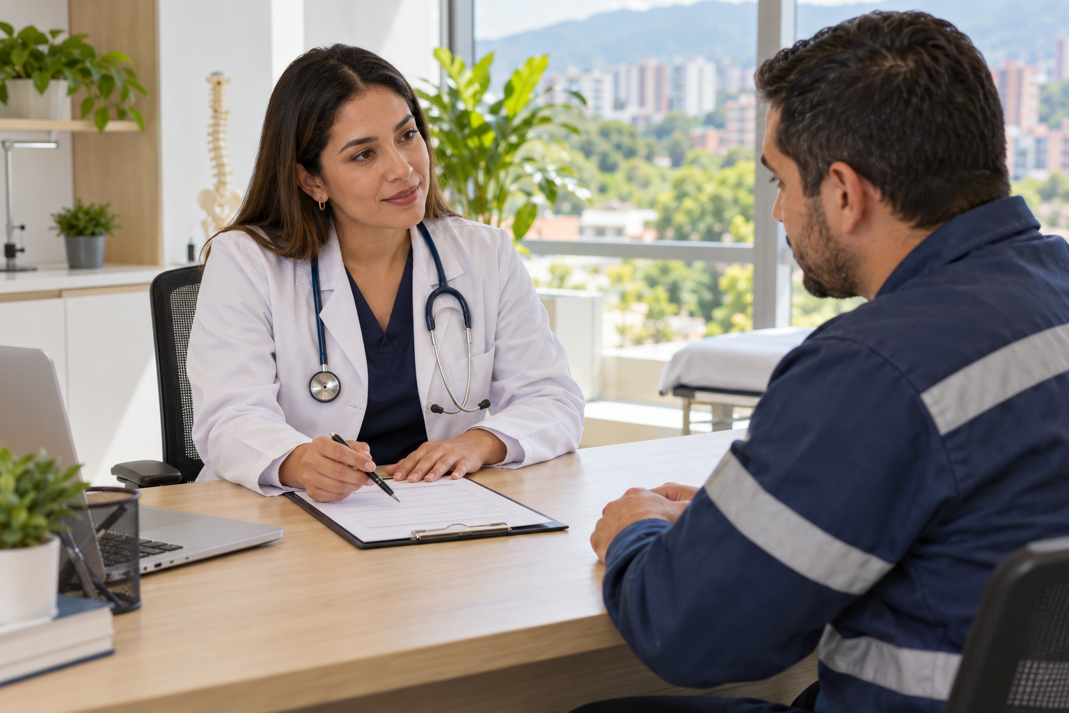 Profesional de salud ocupacional conversa con un trabajador en una consulta preventiva.