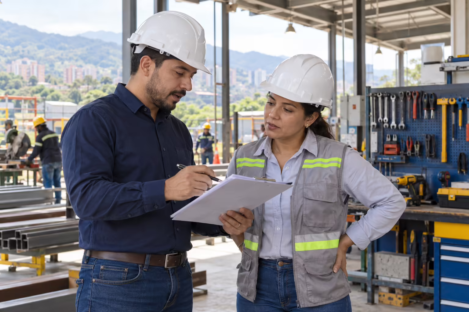 Auditor y asesora revisan una lista de verificación en una planta industrial.