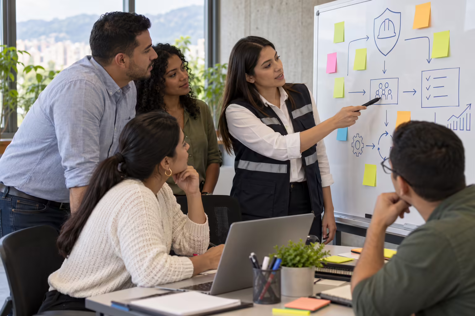 Equipo de una empresa y asesora de SST organizan juntos un plan de trabajo con notas adhesivas.