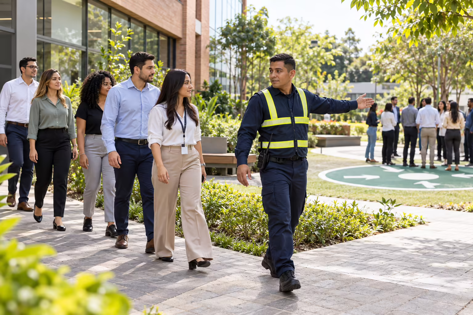 Brigadista coordina la evacuación de personas por un jardín de un edificio corporativo.